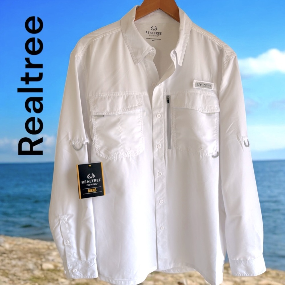 Realtree-NWT shirt men’s medium white fishing guide. UPF sun protection. New!